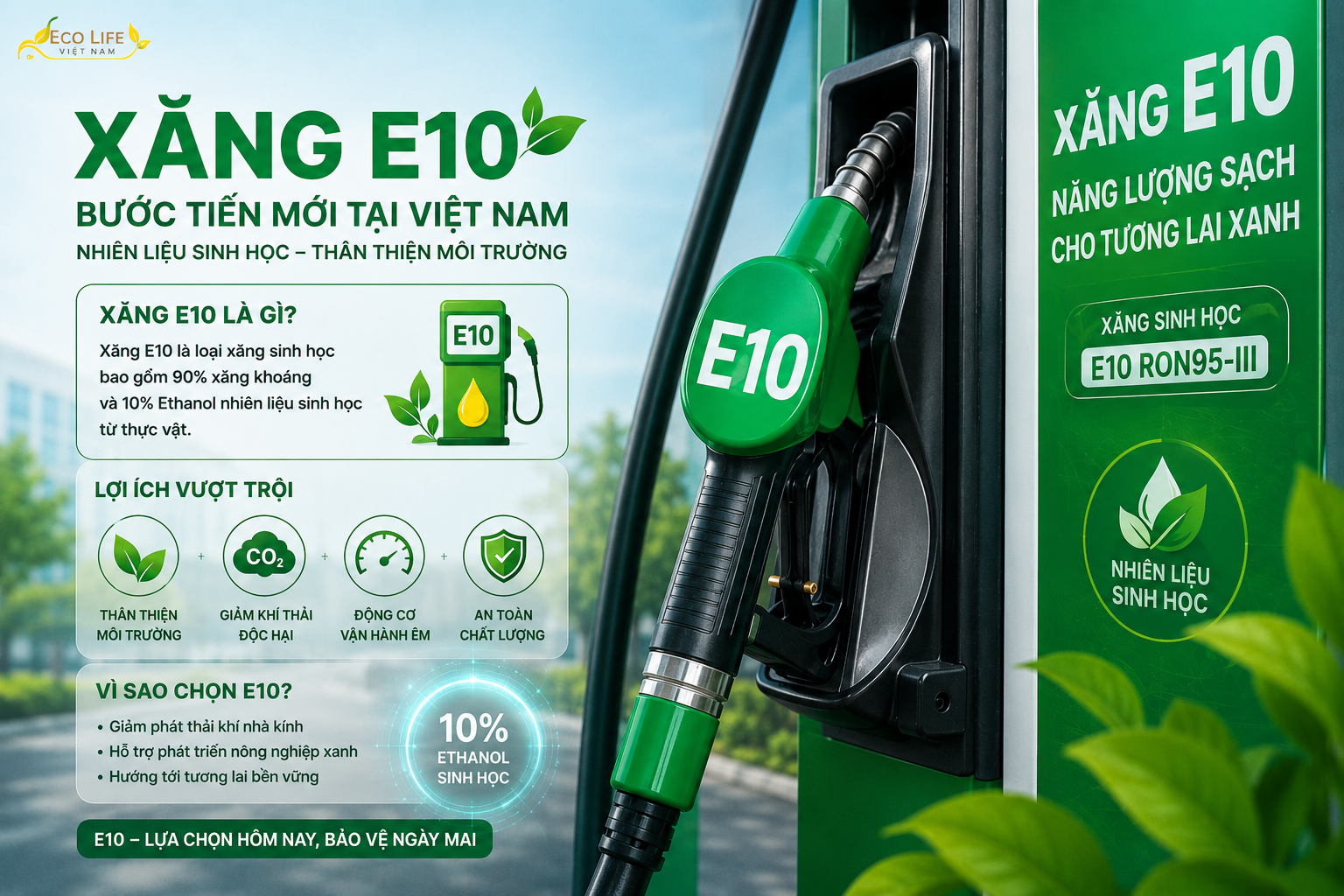 Minh họa xăng sinh học E10 – nhiên liệu sạch giúp giảm khí thải và hướng tới giao thông xanh tại Việt Nam