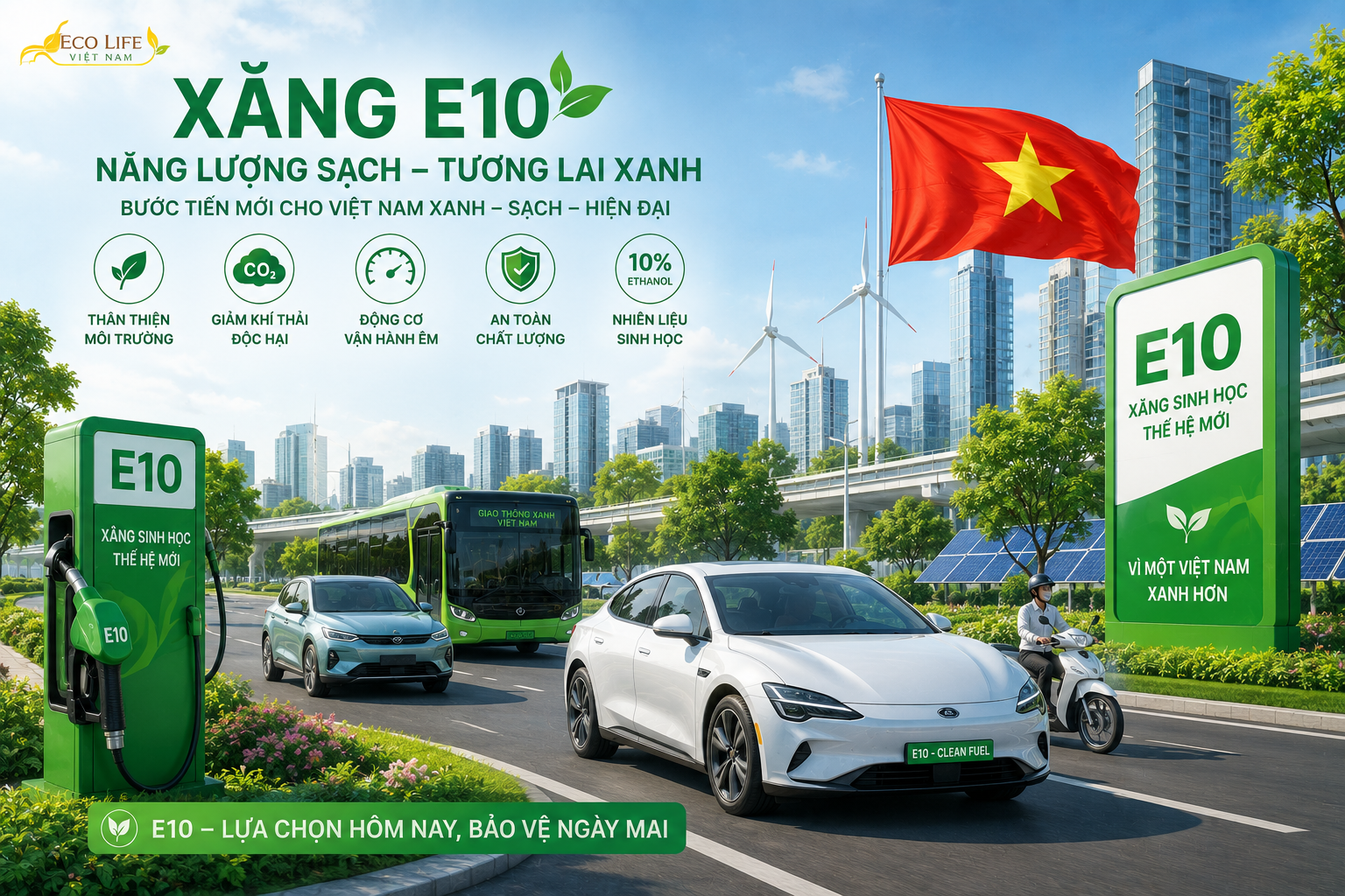 Minh họa xăng E10 – nhiên liệu sinh học thân thiện môi trường hướng tới giao thông xanh tại Việt Nam