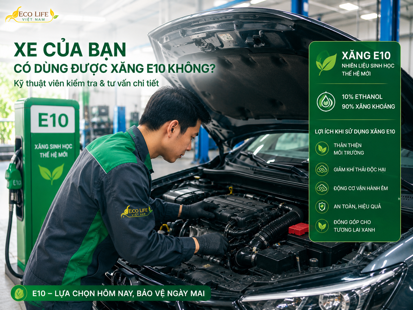 Kỹ thuật viên kiểm tra khoang động cơ ô tô để tư vấn khả năng sử dụng xăng sinh học E10 tại Việt Nam - Eco Life Việt Nam